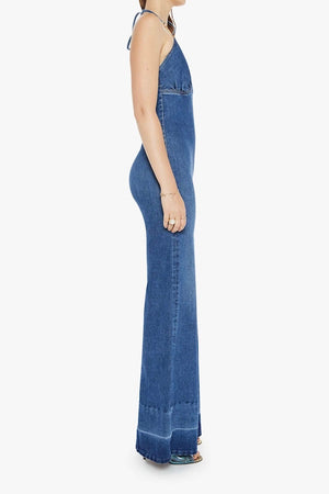 Platform Heel Over The Top by MOTHER, denim jumpsuit with halter neckline and wide leg fit. Perfect for statement outfits or standout looks.