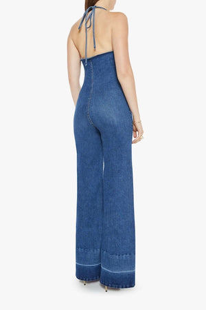 Platform Heel Over The Top by MOTHER, denim jumpsuit with halter neckline and wide leg fit. Perfect for statement outfits or standout looks.