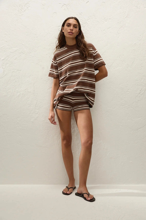 Playa Mini Short in Ombre Stripe Macro Carob by Faithfull the Brand, a mid-rise knit mini short with ribbed trim and fitted silhouette.