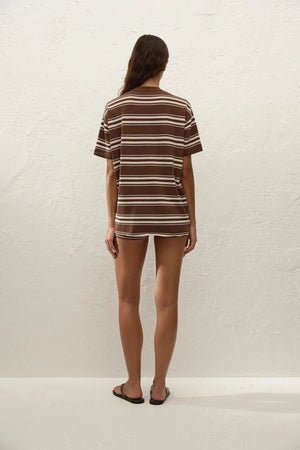 Playa Mini Short in Ombre Stripe Macro Carob by Faithfull the Brand, a mid-rise knit mini short with ribbed trim and fitted silhouette.