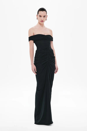 Polaris Cupro Dress by Misha, a strapless rouched maxi in soft cupro with open back. Perfect for elevated cocktail or evening events.