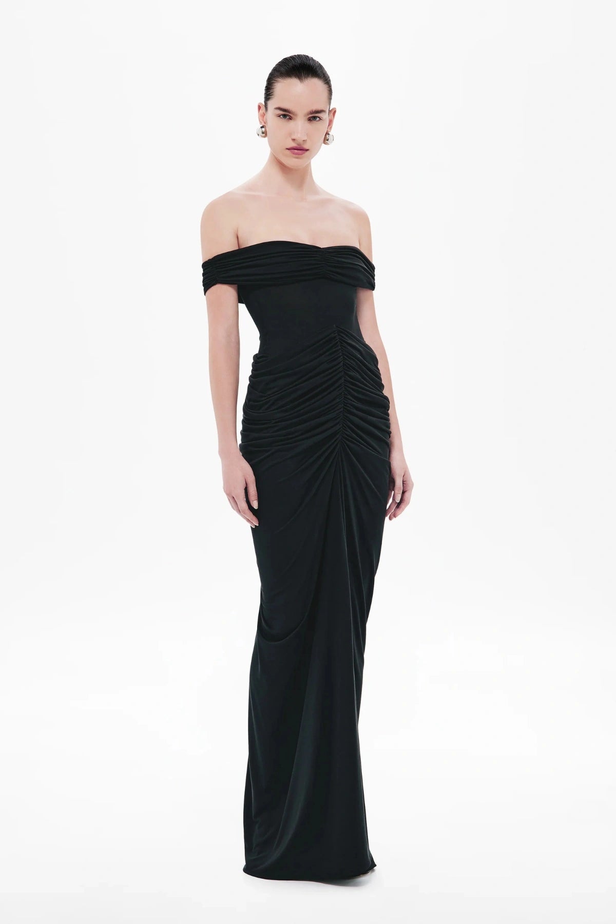 Polaris Cupro Dress by Misha, a strapless rouched maxi in soft cupro with open back. Perfect for elevated cocktail or evening events.