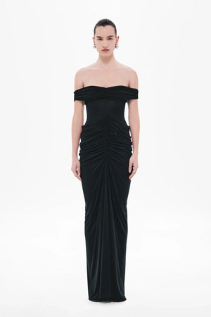 Polaris Cupro Dress by Misha, a strapless rouched maxi in soft cupro with open back. Perfect for elevated cocktail or evening events.