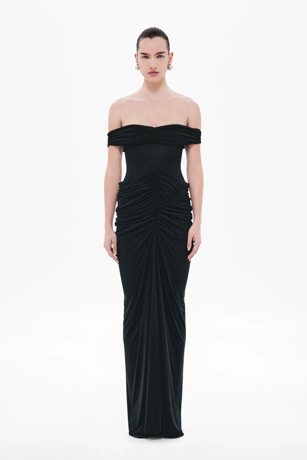 Polaris Cupro Dress by Misha, a strapless rouched maxi in soft cupro with open back. Perfect for elevated cocktail or evening events.