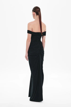 Polaris Cupro Dress by Misha, a strapless rouched maxi in soft cupro with open back. Perfect for elevated cocktail or evening events.