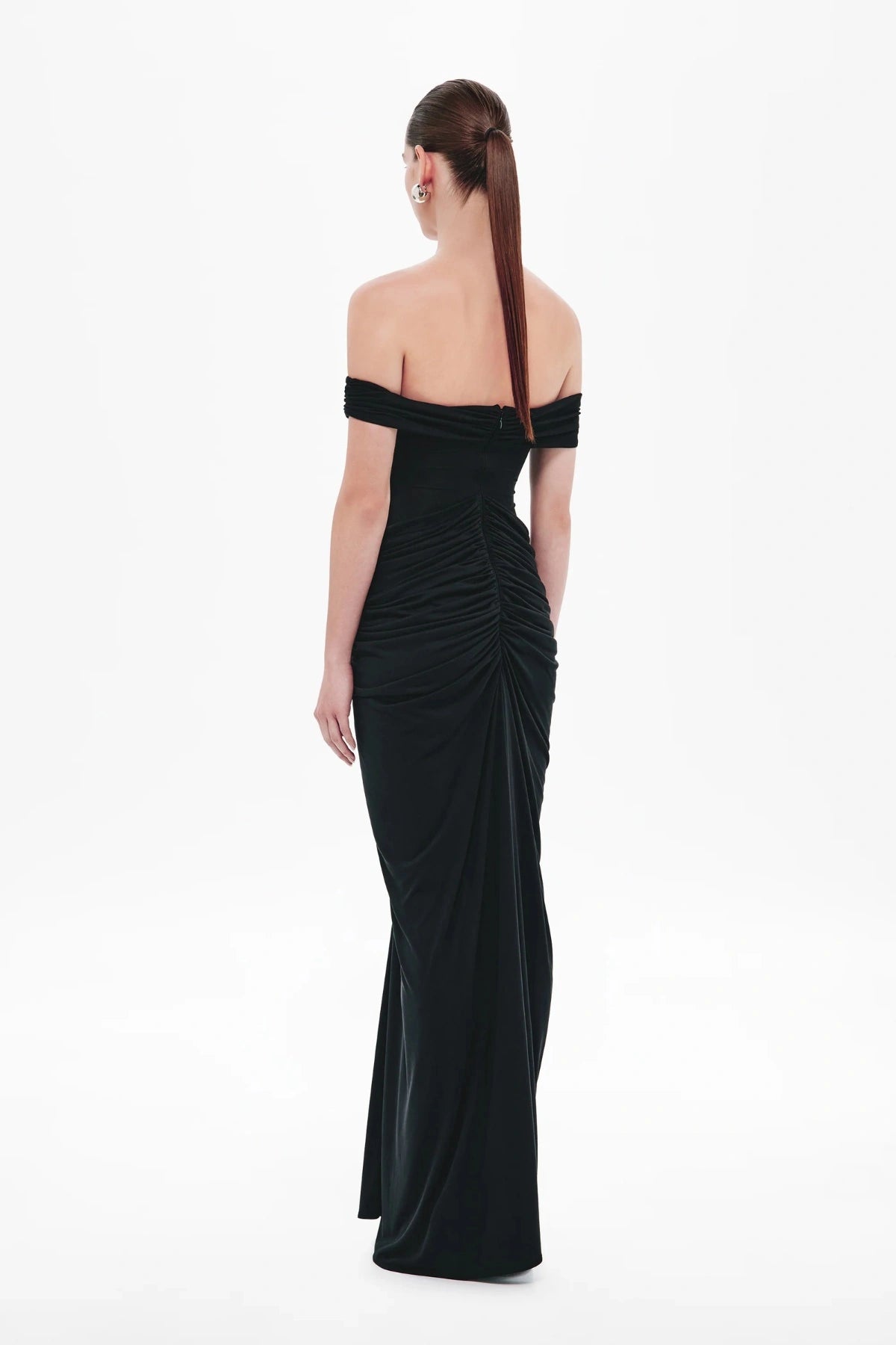 Polaris Cupro Dress by Misha, a strapless rouched maxi in soft cupro with open back. Perfect for elevated cocktail or evening events.
