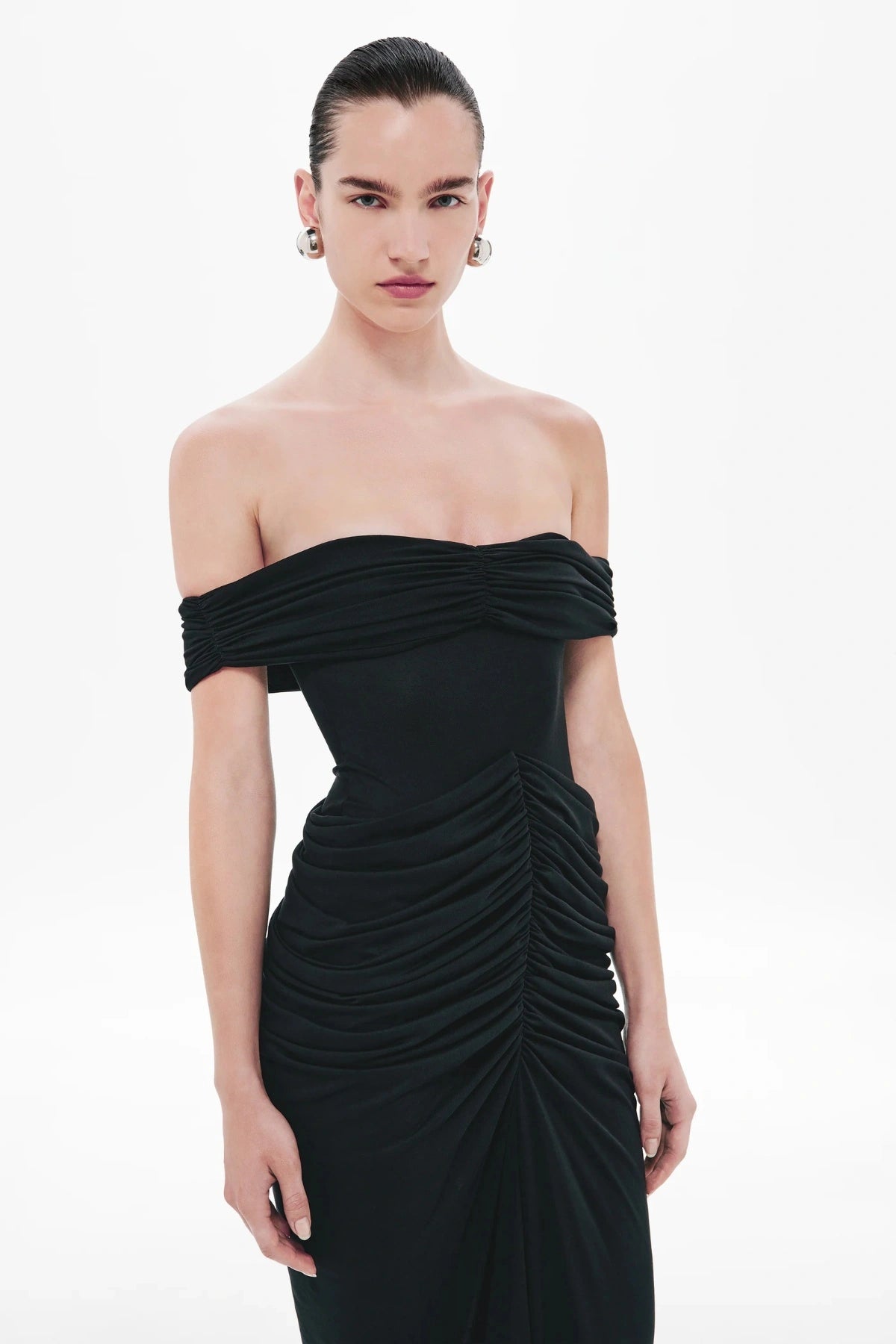 Polaris Cupro Dress by Misha, a strapless rouched maxi in soft cupro with open back. Perfect for elevated cocktail or evening events.