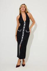 Polka Dot Button Midi Dress by Odd Muse, a fitted classic with a playful print and timeless shape. Perfect for day-to-night styling.
