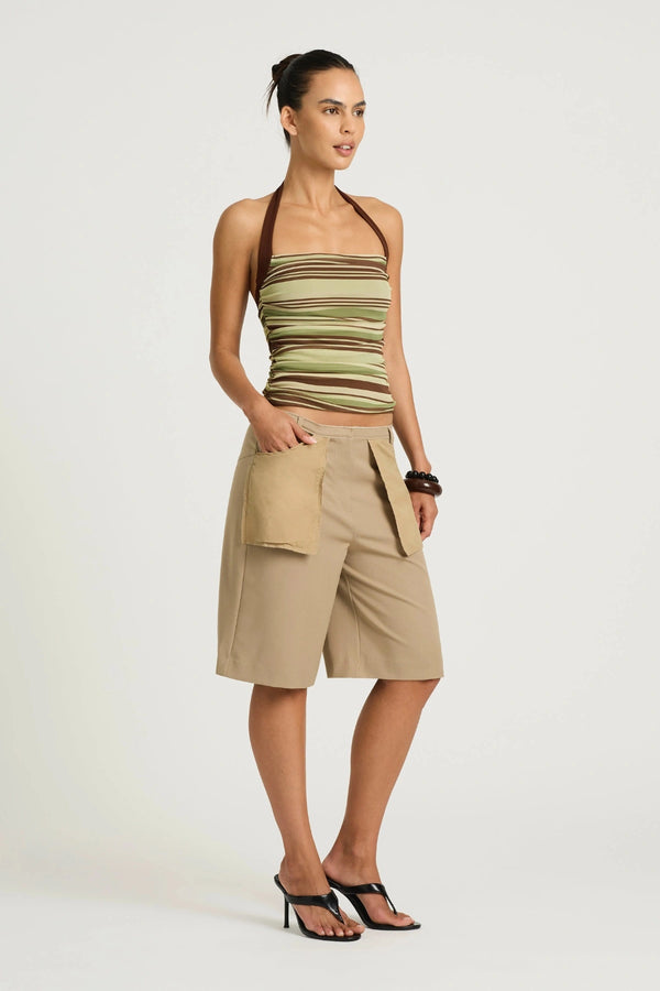 Poppy Halter Top Earth Stripe by Benni, a stretch halter top with ruching and a straight neckline for a sleek, flattering fit.
