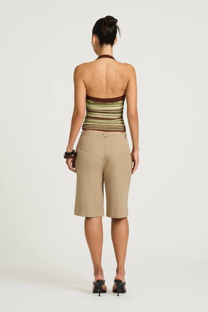 Poppy Halter Top Earth Stripe by Benni, a stretch halter top with ruching and a straight neckline for a sleek, flattering fit.
