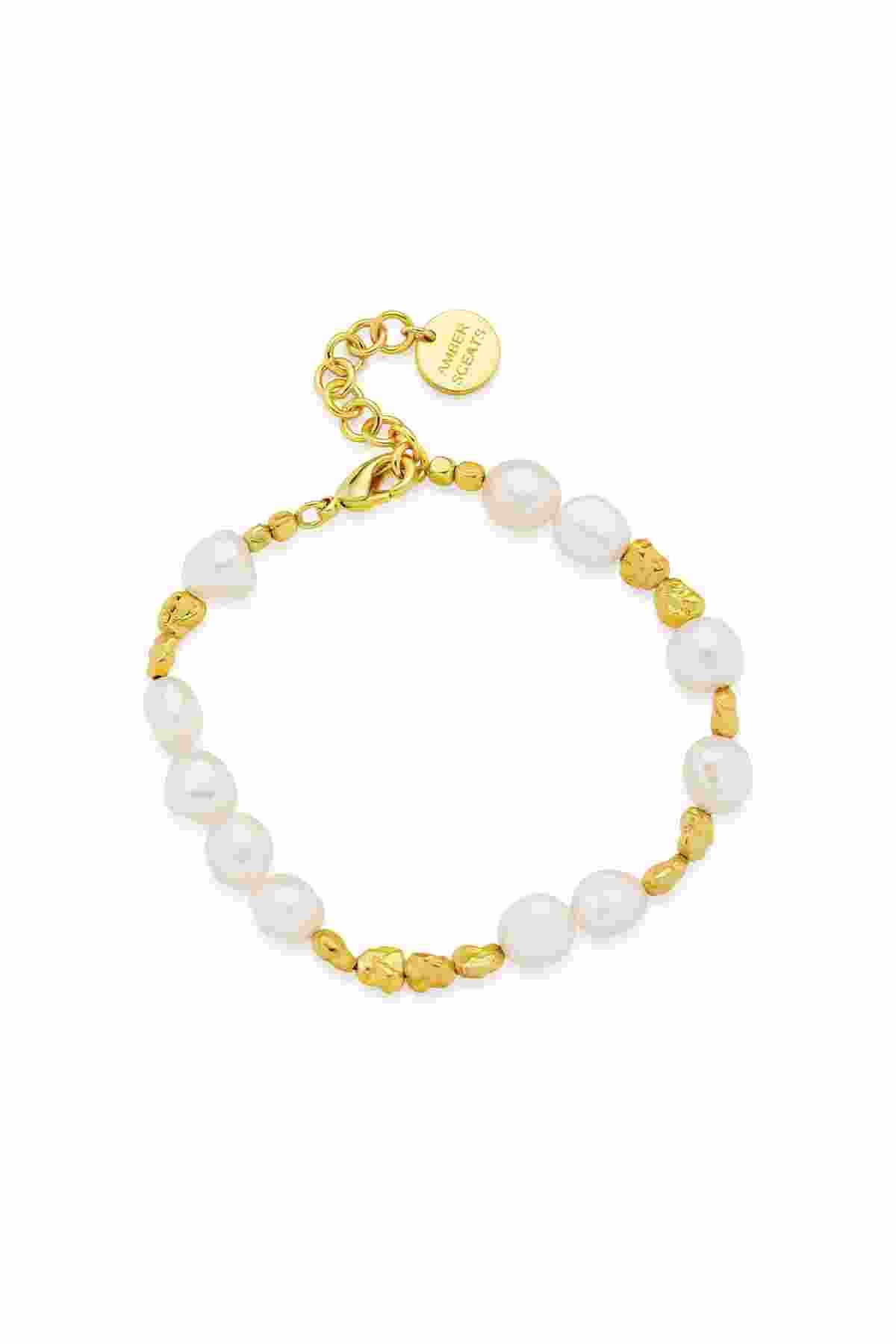 Portofino Bracelet by Amber Sceats, handcrafted with AAA+ freshwater pearls and 24K gold-plated beads for timeless modern elegance.