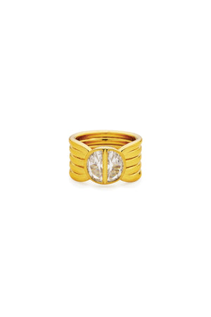 Positano Ring by Amber Sceats – handcrafted in Italy from 24K gold-plated brass, featuring a bold sculptural design with cubic zirconia detail.
