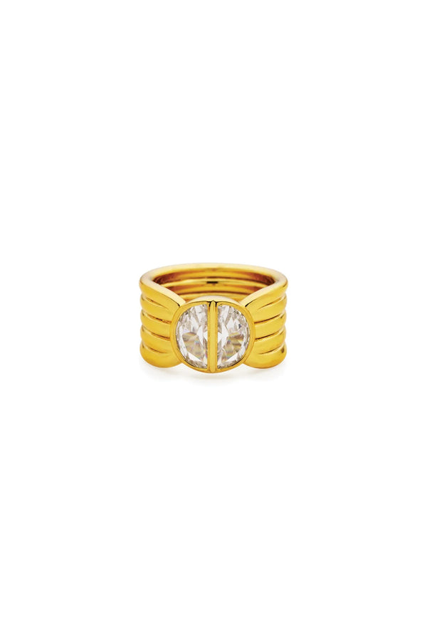 Positano Ring by Amber Sceats – handcrafted in Italy from 24K gold-plated brass, featuring a bold sculptural design with cubic zirconia detail.
