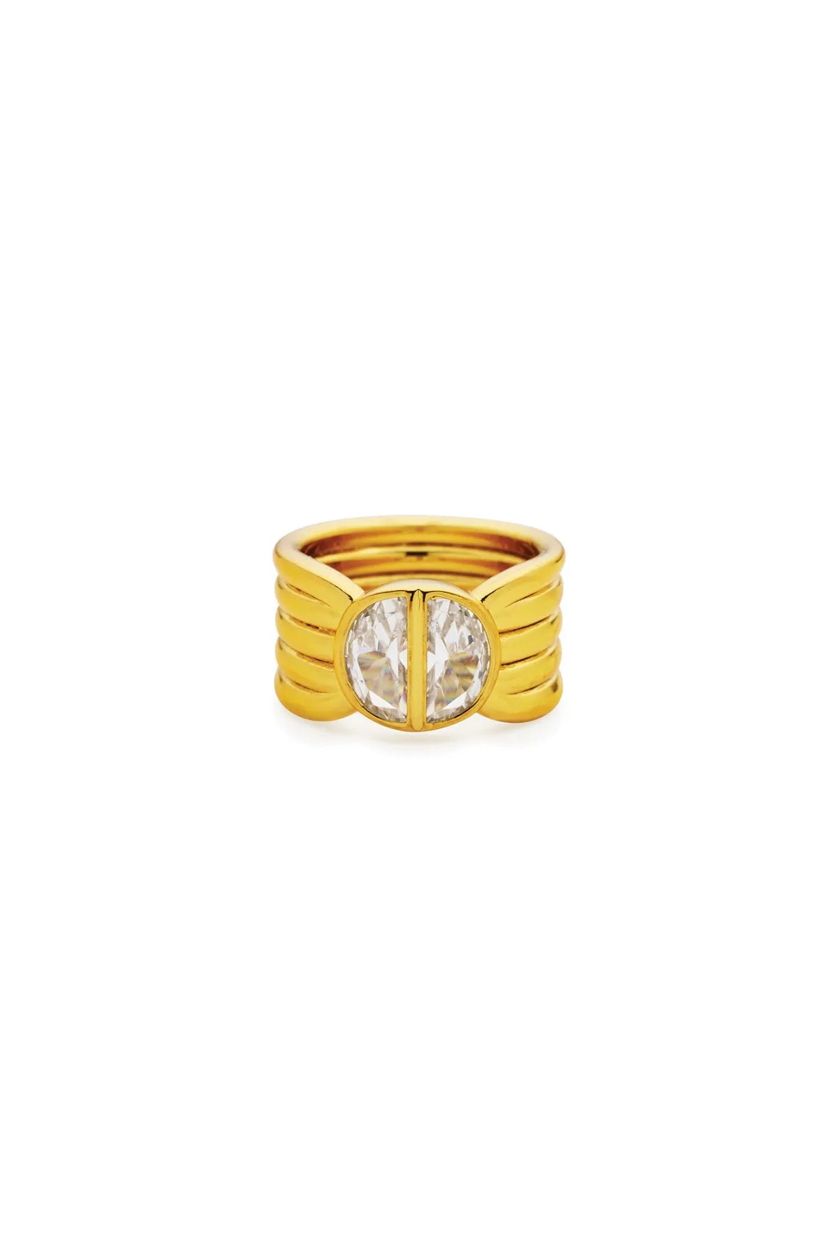 Positano Ring by Amber Sceats – handcrafted in Italy from 24K gold-plated brass, featuring a bold sculptural design with cubic zirconia detail.
