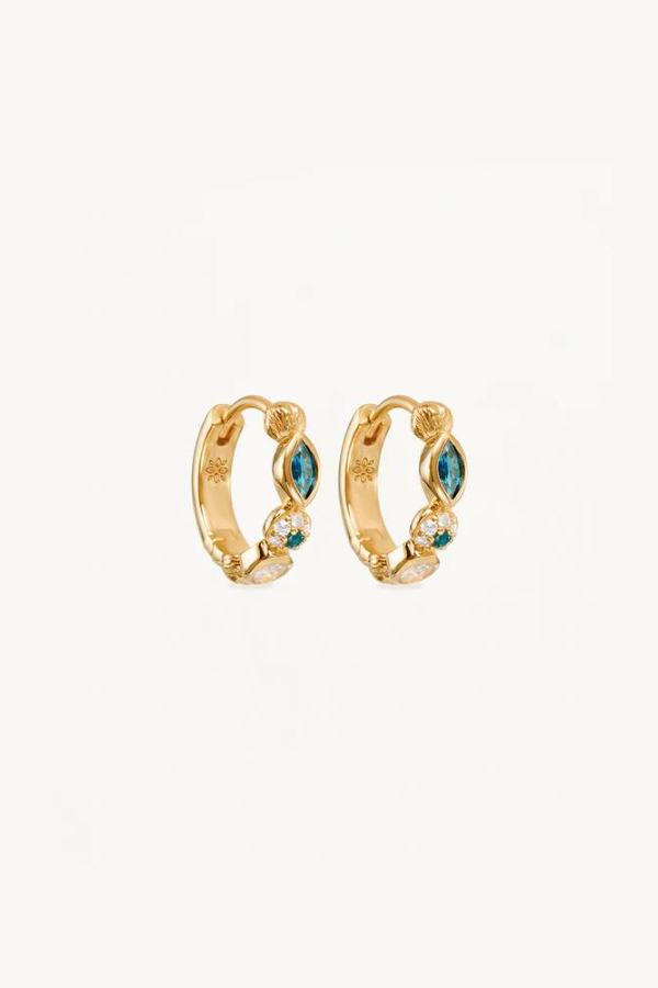 18k Gold Vermeil Protection of Eye Hoops by By Charlotte, dainty gemstone hoops with cubic zirconias and blue topaz, perfect for adding protection and confidence with the watchful evil eye design.