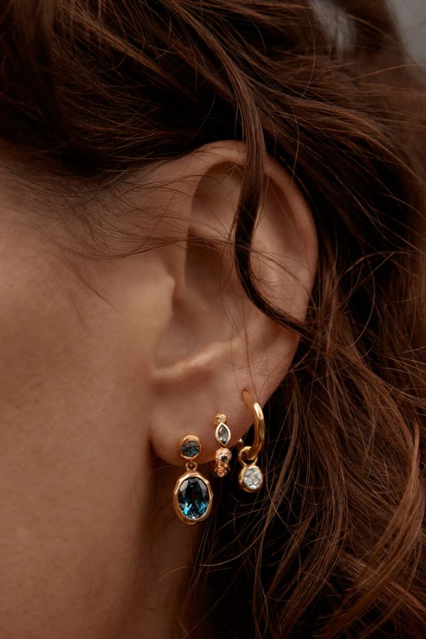 18k Gold Vermeil Protection of Eye Hoops by By Charlotte, dainty gemstone hoops with cubic zirconias and blue topaz, perfect for adding protection and confidence with the watchful evil eye design.