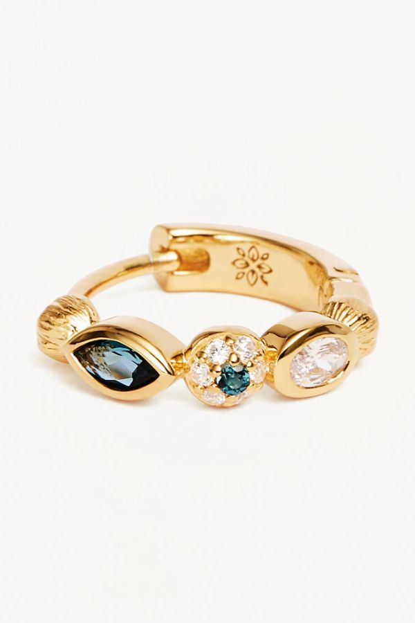 18k Gold Vermeil Protection of Eye Hoops by By Charlotte, dainty gemstone hoops with cubic zirconias and blue topaz, perfect for adding protection and confidence with the watchful evil eye design.