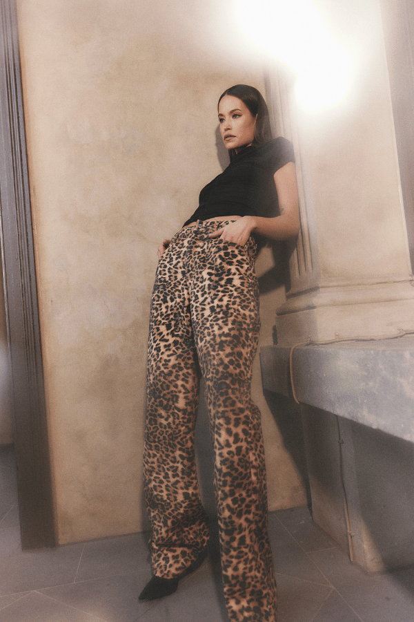 Prowl Jean Leopard Print by Mossman, straight leg jeans with bold leopard print. Perfect for statement outfits or everyday wear.