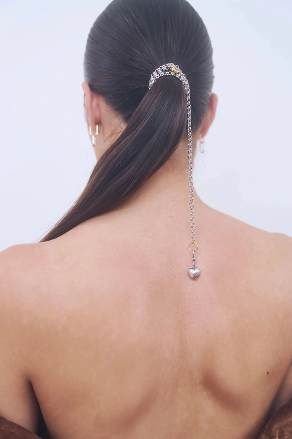 Puff Heart Necklace in Silver by Avant Studio, a silver belcher chain with detachable gold clasp and heart charm. Perfect layered or worn solo.