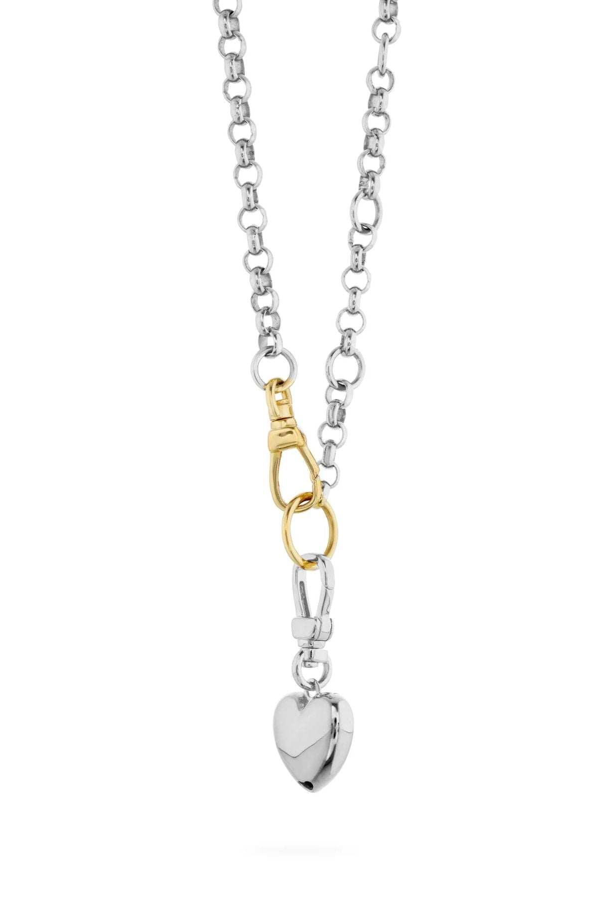 Puff Heart Necklace in Silver by Avant Studio, a silver belcher chain with detachable gold clasp and heart charm. Perfect layered or worn solo.