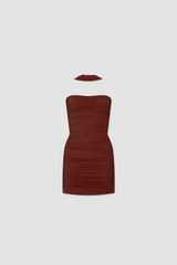 Quimera Mini Dress Chestnut by Maygel Coronel – a ruched mini with floral detail and open back. Perfect for statement styling.
