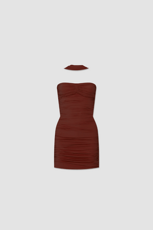 Quimera Mini Dress Chestnut by Maygel Coronel – a ruched mini with floral detail and open back. Perfect for statement styling.