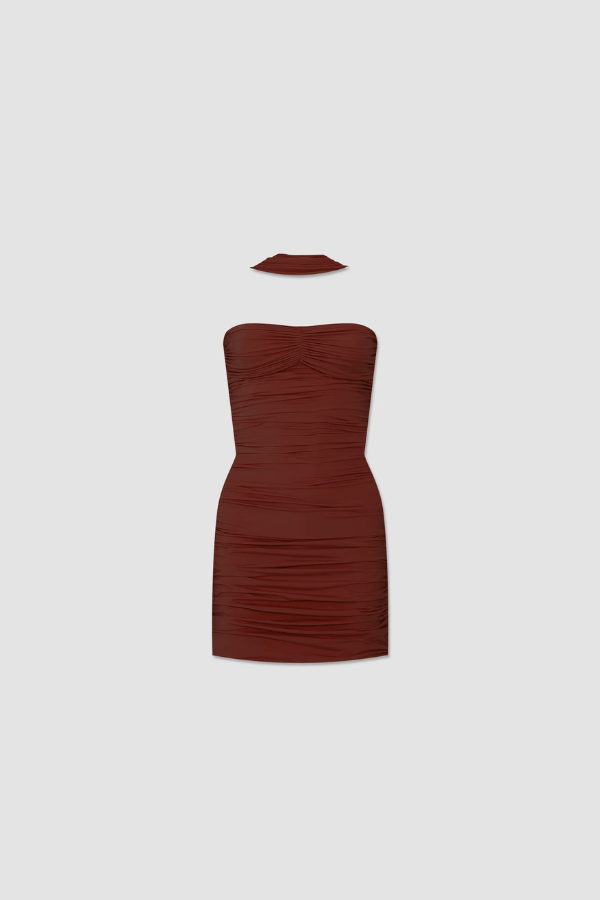 Quimera Mini Dress Chestnut by Maygel Coronel – a ruched mini with floral detail and open back. Perfect for statement styling.