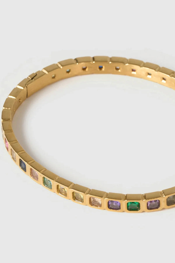 Quinn Gold Cuff Multi by Arms of Eve, a 14k gold PVD open cuff bracelet with coloured zircon stone detailing.