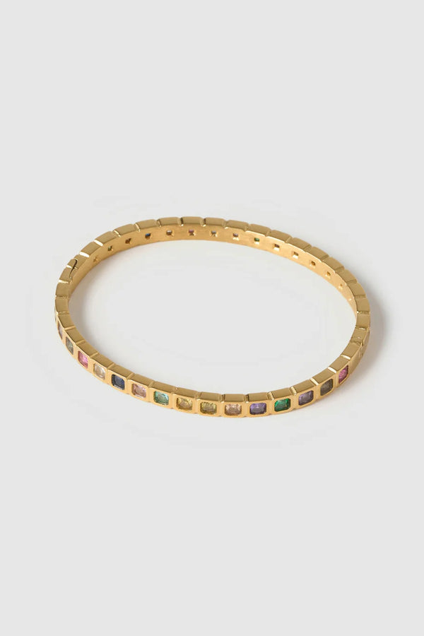 Quinn Gold Cuff Multi by Arms of Eve, a 14k gold PVD open cuff bracelet with coloured zircon stone detailing.
