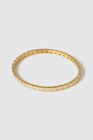 Quinn Gold Cuff Stone by Arms of Eve, a 14k gold PVD open cuff bracelet with radiant zircon stone detailing.