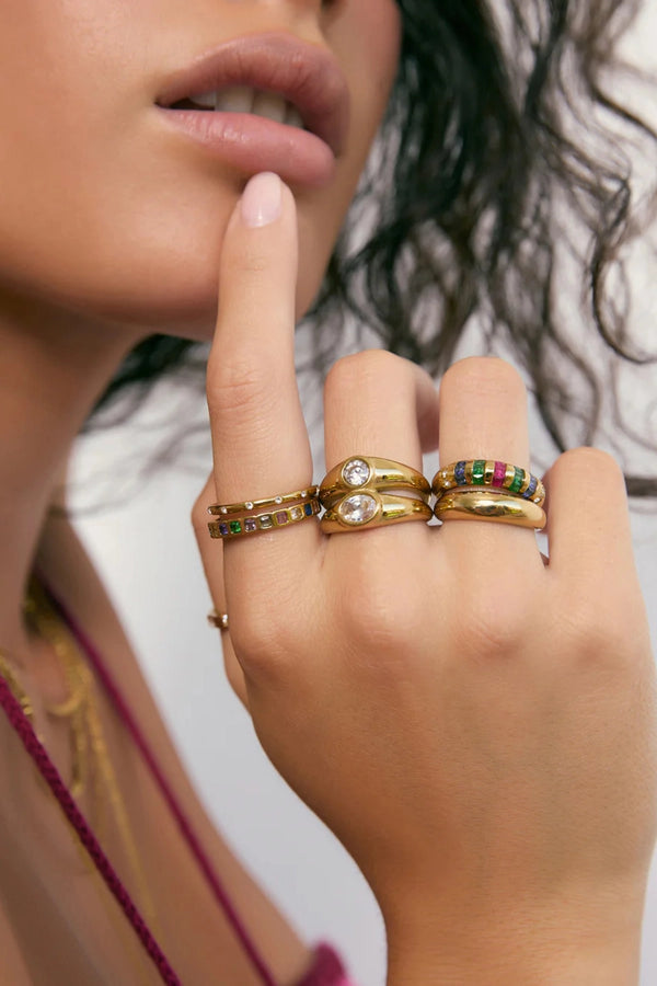 Quinn Gold Ring Multi by Arms of Eve, a 14k gold PVD stacking ring with multi-coloured cubic zirconia stones.
