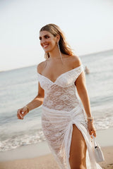 Aubrey Dress White by Natalie Rolt – Elegant lace two-piece with off-shoulder detail and cut-outs, perfect for modern brides or special soirées.