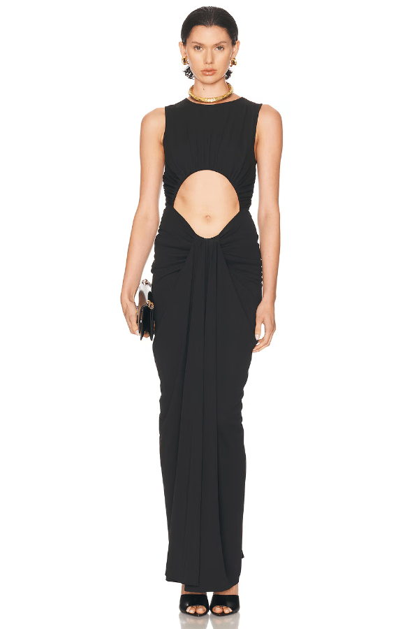 Marsella Dress Black by Ronny Kobo, a crepe cut-out silhouette with all-over ruching and slim fit. Perfect for sleek evening occasions.