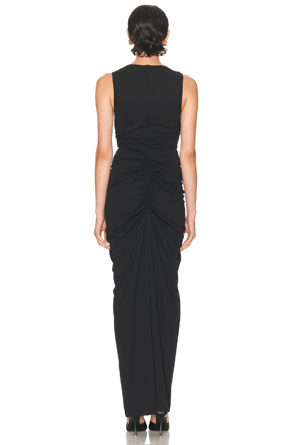 Marsella Dress Black by Ronny Kobo, a crepe cut-out silhouette with all-over ruching and slim fit. Perfect for sleek evening occasions.