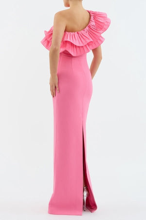 Rosita Gown Shrimp Pink by Rebecca Vallance – A taffeta one-shoulder gown with floral appliqué and back split, perfect for galas, weddings, or black-tie soirées.