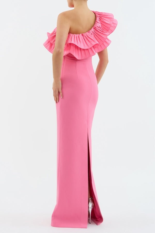 Rosita Gown Shrimp Pink by Rebecca Vallance – A taffeta one-shoulder gown with floral appliqué and back split, perfect for galas, weddings, or black-tie soirées.