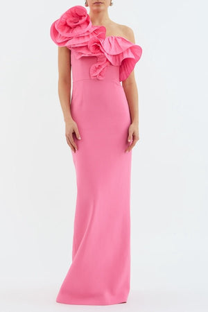 Rosita Gown Shrimp Pink by Rebecca Vallance – A taffeta one-shoulder gown with floral appliqué and back split, perfect for galas, weddings, or black-tie soirées.