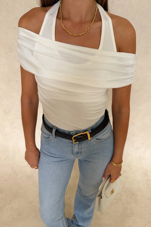 Rachel Off Shoulder Top White by Sneaky Link – a sculpting top with off-shoulder neckline and stretch fit. Perfect for sleek styling.