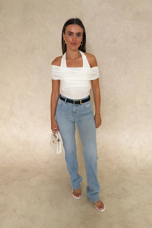 Rachel Off Shoulder Top White by Sneaky Link – a sculpting top with off-shoulder neckline and stretch fit. Perfect for sleek styling.