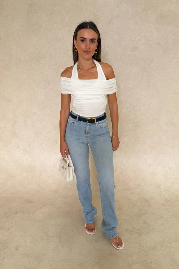 Rachel Off Shoulder Top White by Sneaky Link – a sculpting top with off-shoulder neckline and stretch fit. Perfect for sleek styling.