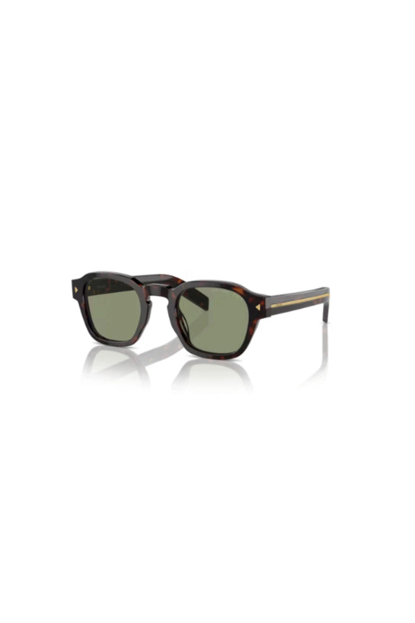 Radica Tortoise Sunglasses by Prada, Italian acetate pantos frames with polarised green lenses and metal-plaque temples.
