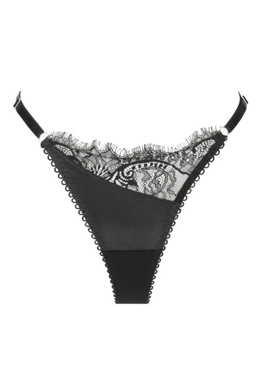 Kat the Label Rae Thong Black, vintage-inspired satin with asymmetrical lace, eyelash trim, mesh back, and adjustable sides for a perfect fit.
