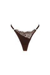 Rae Thong Espresso by Kat the Label – satin thong with asymmetrical lace front, mesh back and adjustable sides.