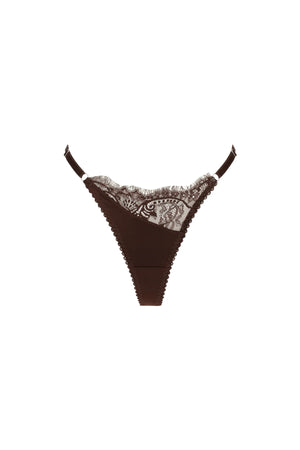 Rae Thong Espresso by Kat the Label – satin thong with asymmetrical lace front, mesh back and adjustable sides.