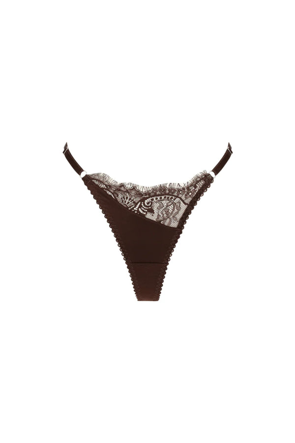 Rae Thong Espresso by Kat the Label – satin thong with asymmetrical lace front, mesh back and adjustable sides.