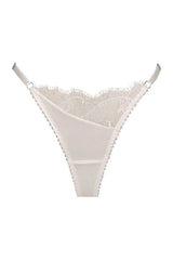 Rae Thong in Ivory by Kat the Label, a satin thong with lace and eyelash trim. Perfect for adding a touch of elegance to everyday wear.