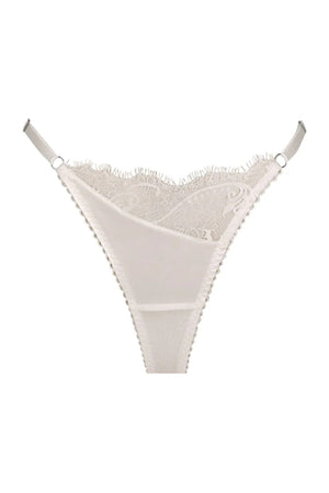 Rae Thong in Ivory by Kat the Label, a satin thong with lace and eyelash trim. Perfect for adding a touch of elegance to everyday wear.