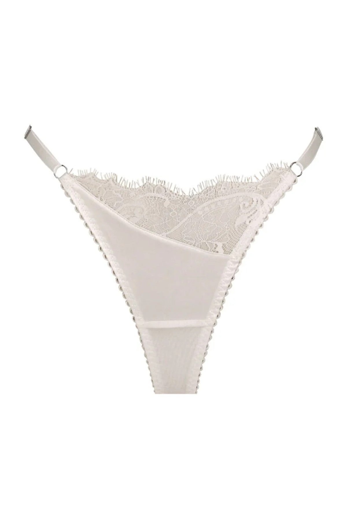 Rae Thong in Ivory by Kat the Label, a satin thong with lace and eyelash trim. Perfect for adding a touch of elegance to everyday wear.