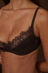 Rae Underwire Espresso by Kat the Label – satin underwire bra with dual lace panels and adjustable straps.