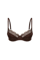 Rae Underwire Espresso by Kat the Label – satin underwire bra with dual lace panels and adjustable straps.